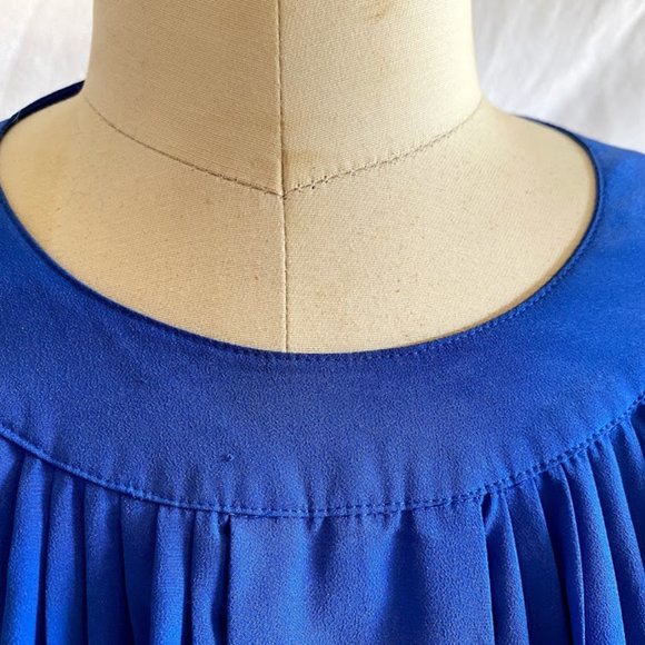 Vintage Royal Blue Pleated Blouse Gold Buttons - Picture 5 of 10